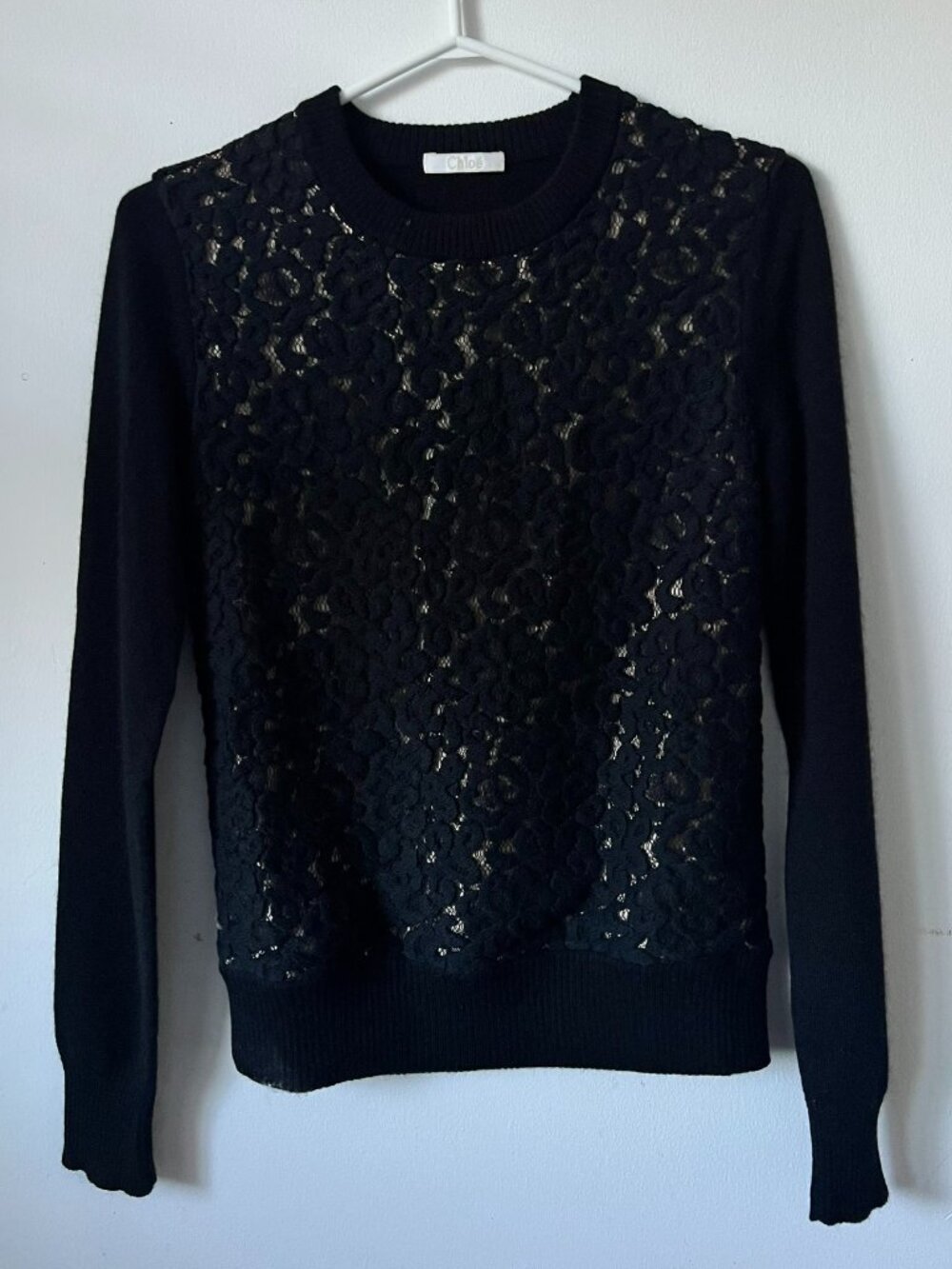 Chloe Paris Black Black Crewneck Long-Sleeve Wool Sweater Lace Panel Front S